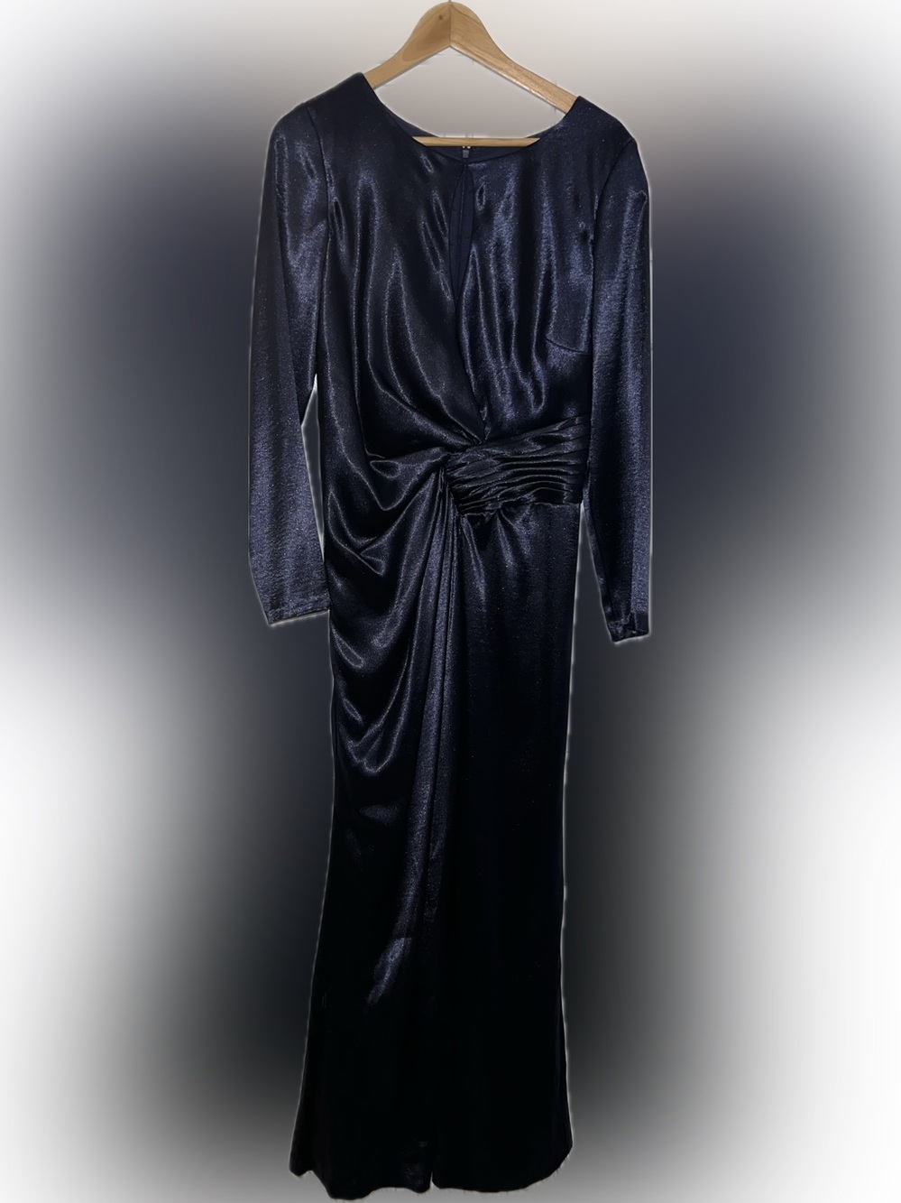 Aidan Mattox Navy Satin Long-Sleeve Draped Gown